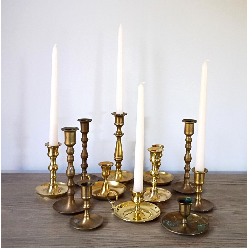 12 Graduated Brass Candlesticks Set Bulk Candle Sticks Chamber Stick Lot